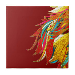 Colorful Exotic Tribal Feathers Red Tile