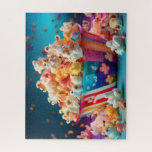 Colorful Exploding Popcorn Jigsaw Puzzle<br><div class="desc">A vibrant bowl of popcorn bursts with color and playful energy. Fluffy kernels in shades of creamy white, soft pink, buttery yellow, and pastel blue pile high in a striped bowl decorated with bright carnival colors and flower shapes. A few pieces appear mid-air as if just tossed, while others scatter...</div>