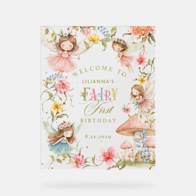 Colorful Fairy First Birthday Enchanted Welcome Acrylic Sign (Front)