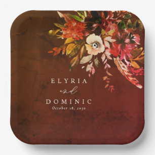 Colorful Fall Floral Bouquet Marbled Brown Wedding Paper Plate