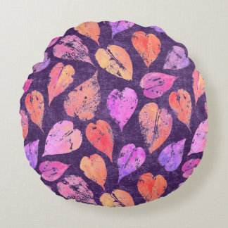 Colorful Fall Leaves On Purple Pattern Round Cushion