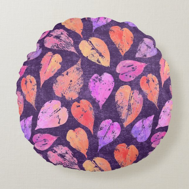 Colorful Fall Leaves On Purple Pattern Round Cushion (Front)
