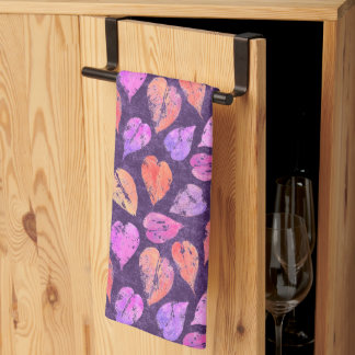 Colorful Fall Leaves On Purple Pattern Tea Towel