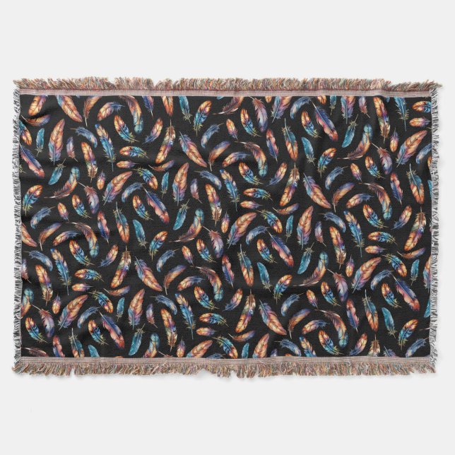 Colorful Falling Feather Art - Boho Graphic Print Throw Blanket (Front)