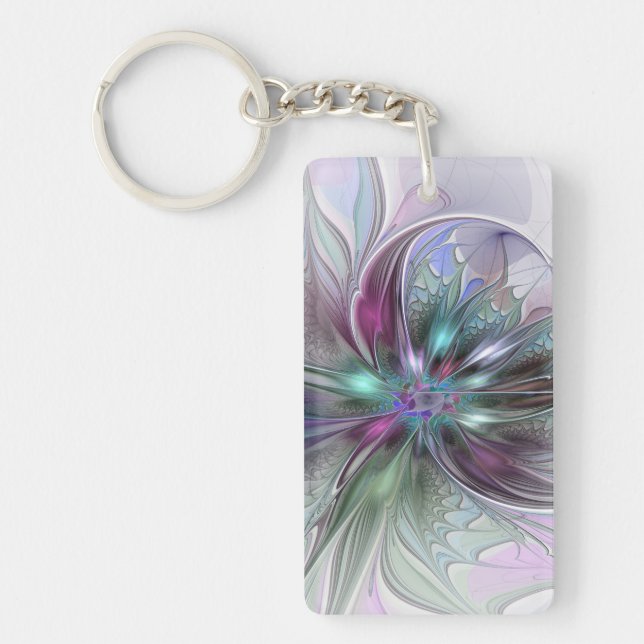 Colorful Fantasy Abstract Modern Fractal Flower Key Ring (Front)