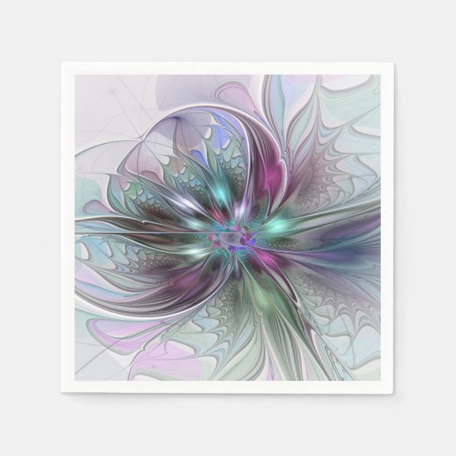 Colorful Fantasy Abstract Modern Fractal Flower Napkin (Front)