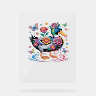 Colorful Fantasy Duck with Flowers and Butterflies Acrylic Sign