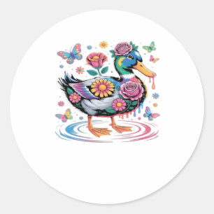 Colorful Fantasy Duck with Flowers and Butterflies Classic Round Sticker