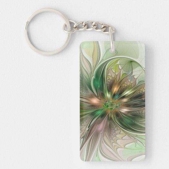 Colorful Fantasy Modern Abstract Fractal Flower Key Ring (Front)
