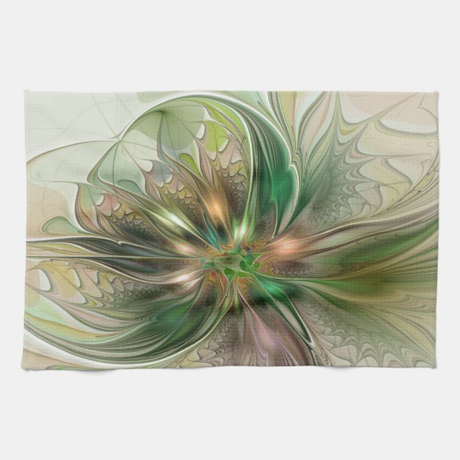 Colorful Fantasy Modern Abstract Fractal Flower Tea Towel (Horizontal)