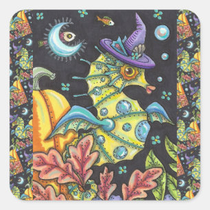 COLORFUL FANTASY SEAHORSE, WITCH IN HALLOWEEN SEA SQUARE STICKER