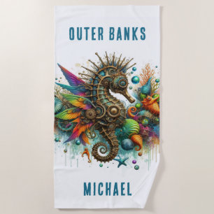 COLORFUL FANTASY STEAMPUNK SEAHORSE BEACH TOWEL