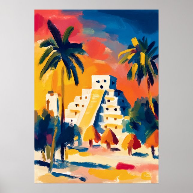 Colorful Fauvist Chichen Itza Pyramid Art Poster (Front)