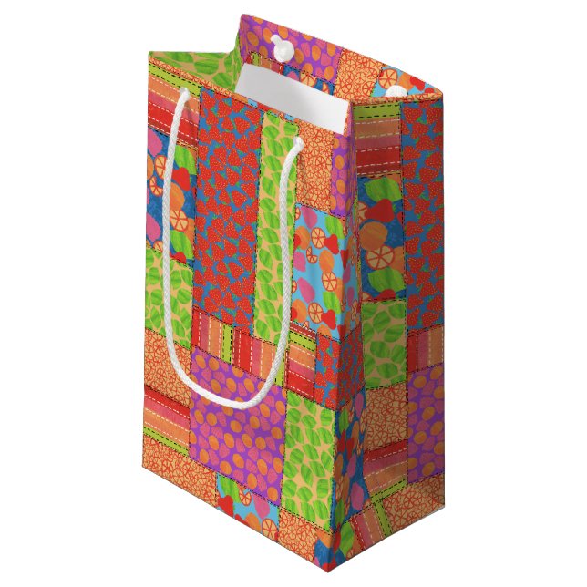Colorful Faux Patchwork of Summer Fruits Patterns Small Gift Bag (Front Angled)