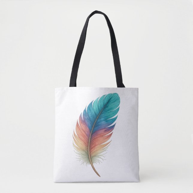 Colorful Feather Tote Bag – Boho Art Style  (Front)