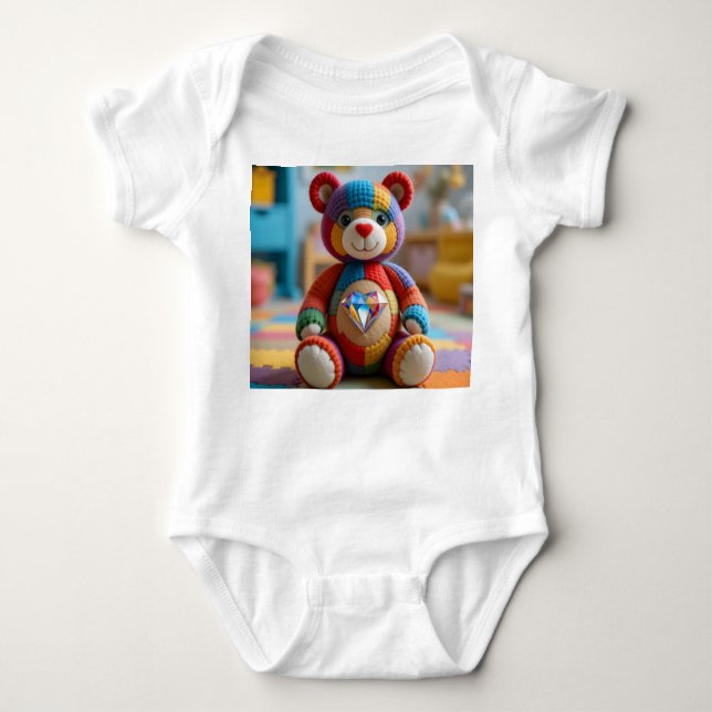 Colorful Felted Teddy Bear Baby Bodysuit (Front)