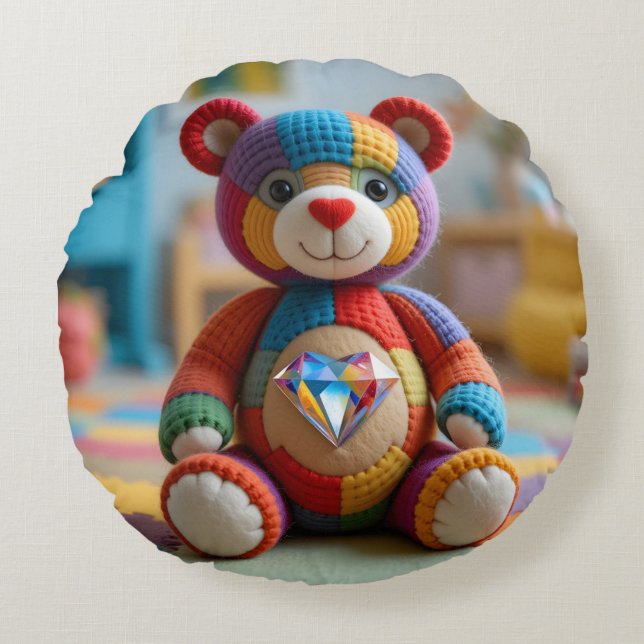 Colorful Felted Teddy Bear Round Cushion (Front)