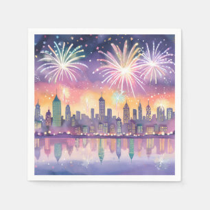 Colorful Fireworks City Watercolor   Lofi New Year Napkin