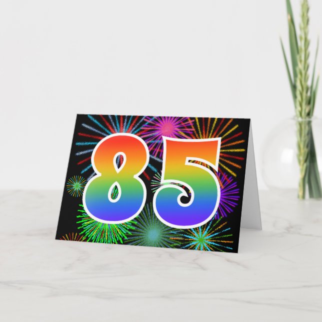 Colorful Fireworks + Rainbow Pattern "85" Event # Card (Front)