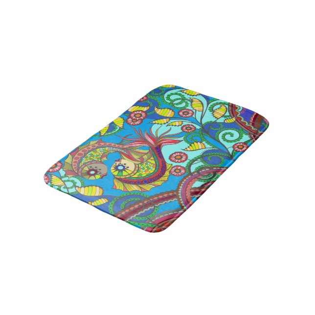 Colorful Fish & Floral Art Bath Mat  (Angled)