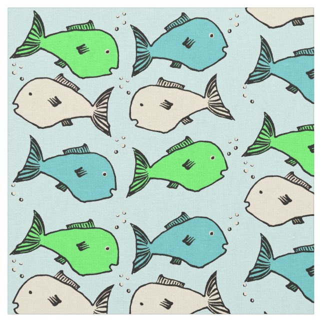 Colorful Fish Pattern on Light Blue Background Fabric (Close Up)