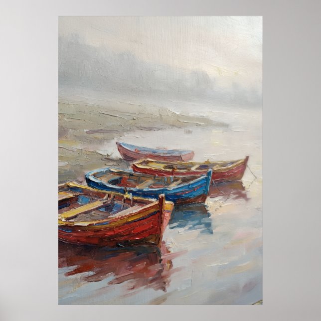 Colorful Fishing Boats Misty Shore Oil Painting C Poster (Front)