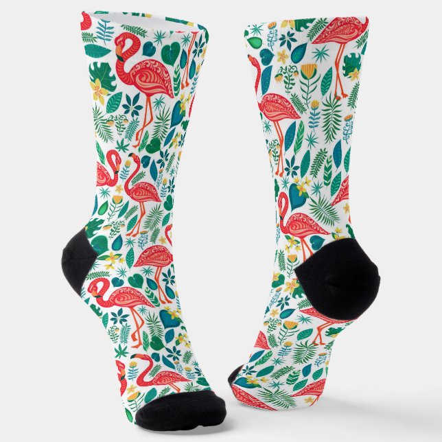 Colorful flamingos tropical flowers pattern socks (Angled)