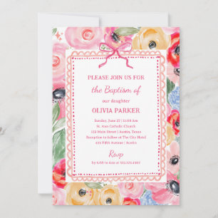 Colorful Floral Baptism   Whimsical Frame and Bow Invitation