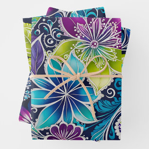 Colorful Floral Batik Art Wrapping Paper Sheets