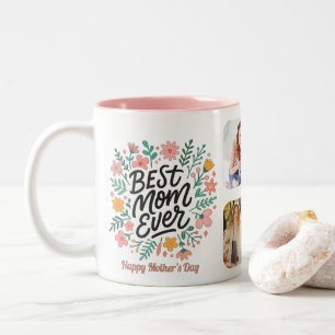Colorful Floral Best Mom Ever Photo Grid Keepsake Two-Tone Coffee Mug