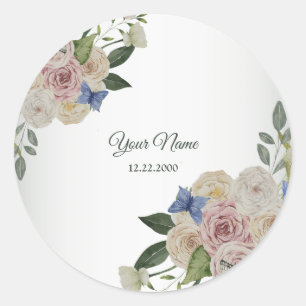 Colorful Floral Blue Butterfly Green Wedding Party Classic Round Sticker