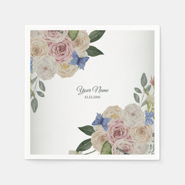 Colorful Floral Blue Butterfly Green Wedding Party Napkin (Front)