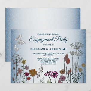Colorful Floral Blue Glitter Engagement Party Invitation