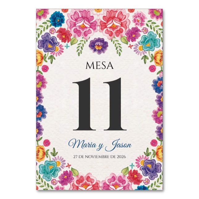 Colorful Floral Botanical Fiesta Spanish Wedding Table Number (Front)