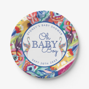 Colorful Floral Botanical Stork Baby Boy Shower Paper Plate