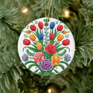 colorful floral bouquet - name day Card Ceramic Tree Decoration