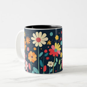 Colorful Floral, Bright Vibrant Folk pretty Two-Tone Coffee Mug