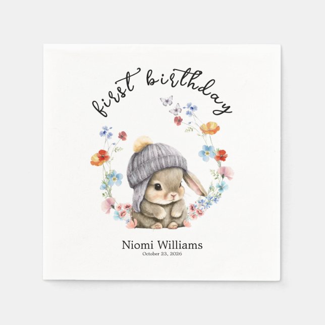 Colorful Floral Bunny First Birthday Napkins (Front)