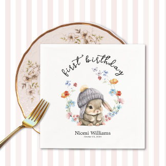 Colorful Floral Bunny First Birthday Napkins