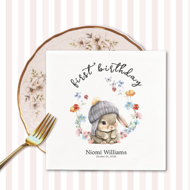 Colorful Floral Bunny First Birthday Napkins (Colorful Floral Bunny  First Birthday Napkins 1)