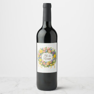 Colorful Floral Easter He is Risen wreath Wine Label