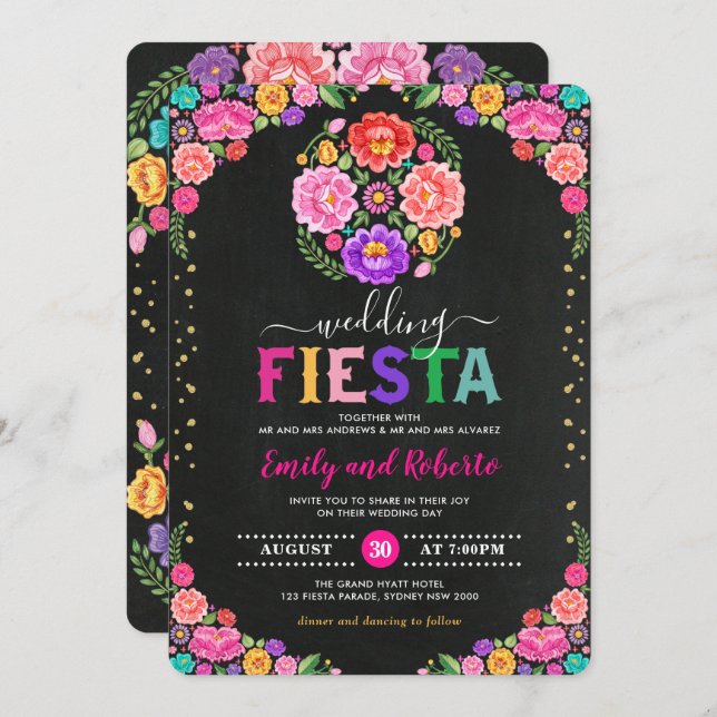 Colorful Floral Fiesta Mexican Chalkboard Wedding Invitation (Front/Back)