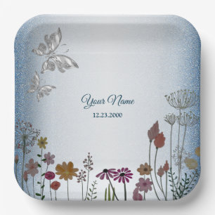 Colorful Floral Garden Blue Glitter Wedding Party Paper Plate