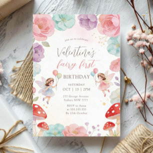 Colorful Floral Garden Fairy First 1st Birthday Invitation