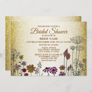 Colorful Floral Garden Gold Glitter Bridal Shower Invitation