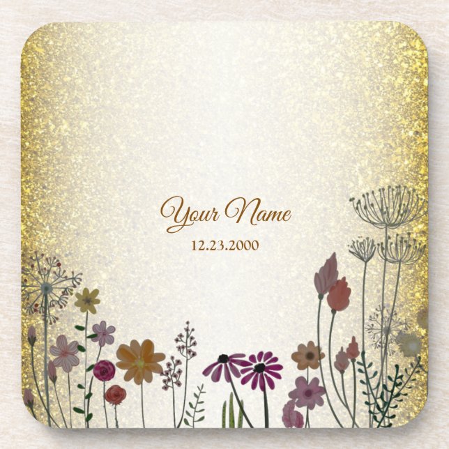 Colorful Floral Garden Gold Glitter Wedding Party Coaster (Front)