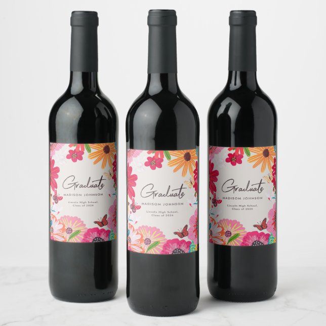 Colorful Floral Garden Graduation Celebration Wine Label (Bottles)