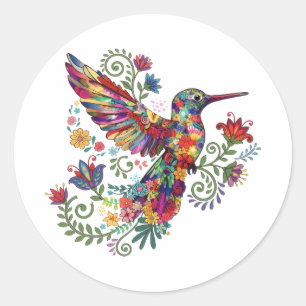 Colorful Floral Hummingbird Watercolor Art Classic Round Sticker