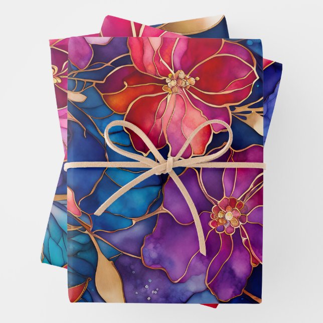 Colorful Floral Ink Art Wrapping Paper Sheets (In situ)