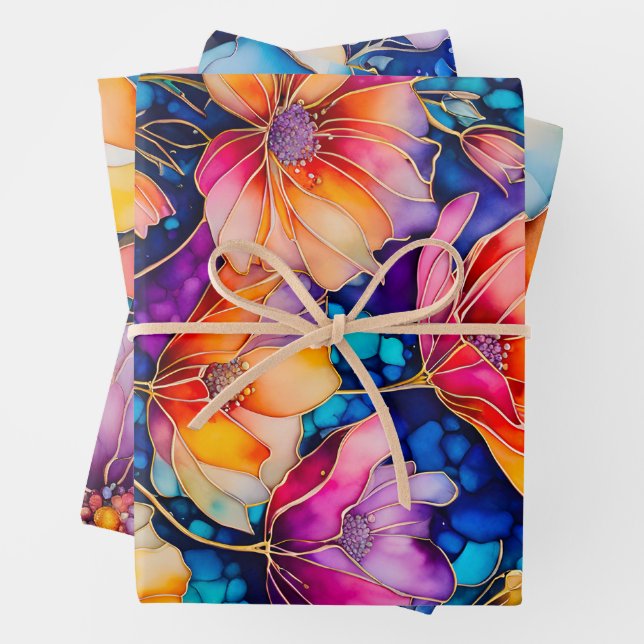 Colorful Floral Ink Art Wrapping Paper Sheets (In situ)